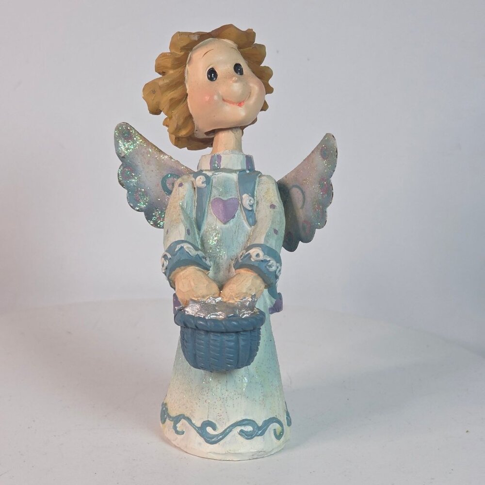 Hand-Painted Angel Figurine With Glitter Wings Holding Basket Of Flowers